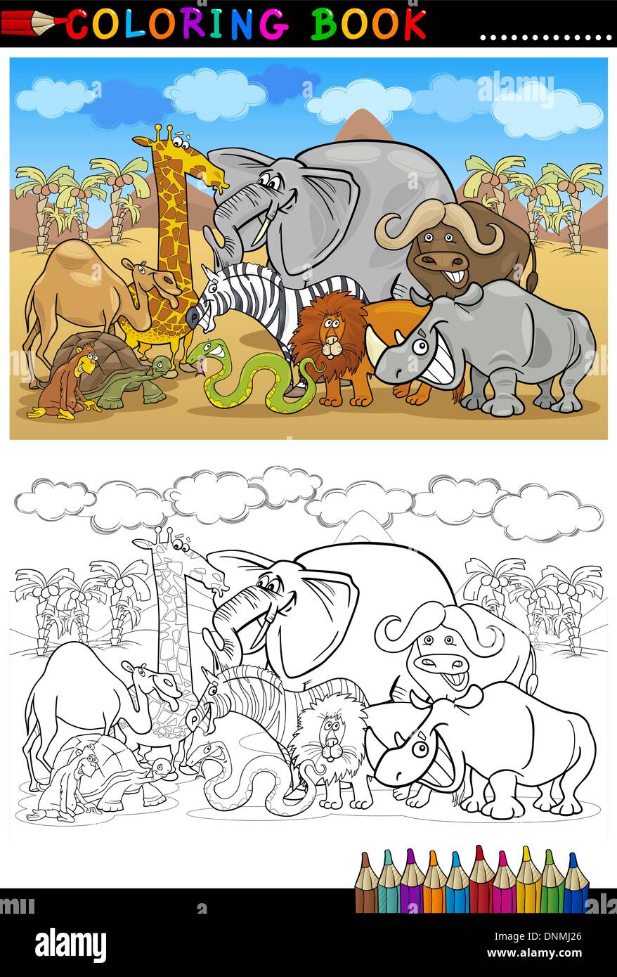 Cartoon Illustration of Funny Safari Wild Animals like Elephant, Rhino, Lion, Zebra, Giraffe and Monkey for Coloring Book or Col Stock Vector