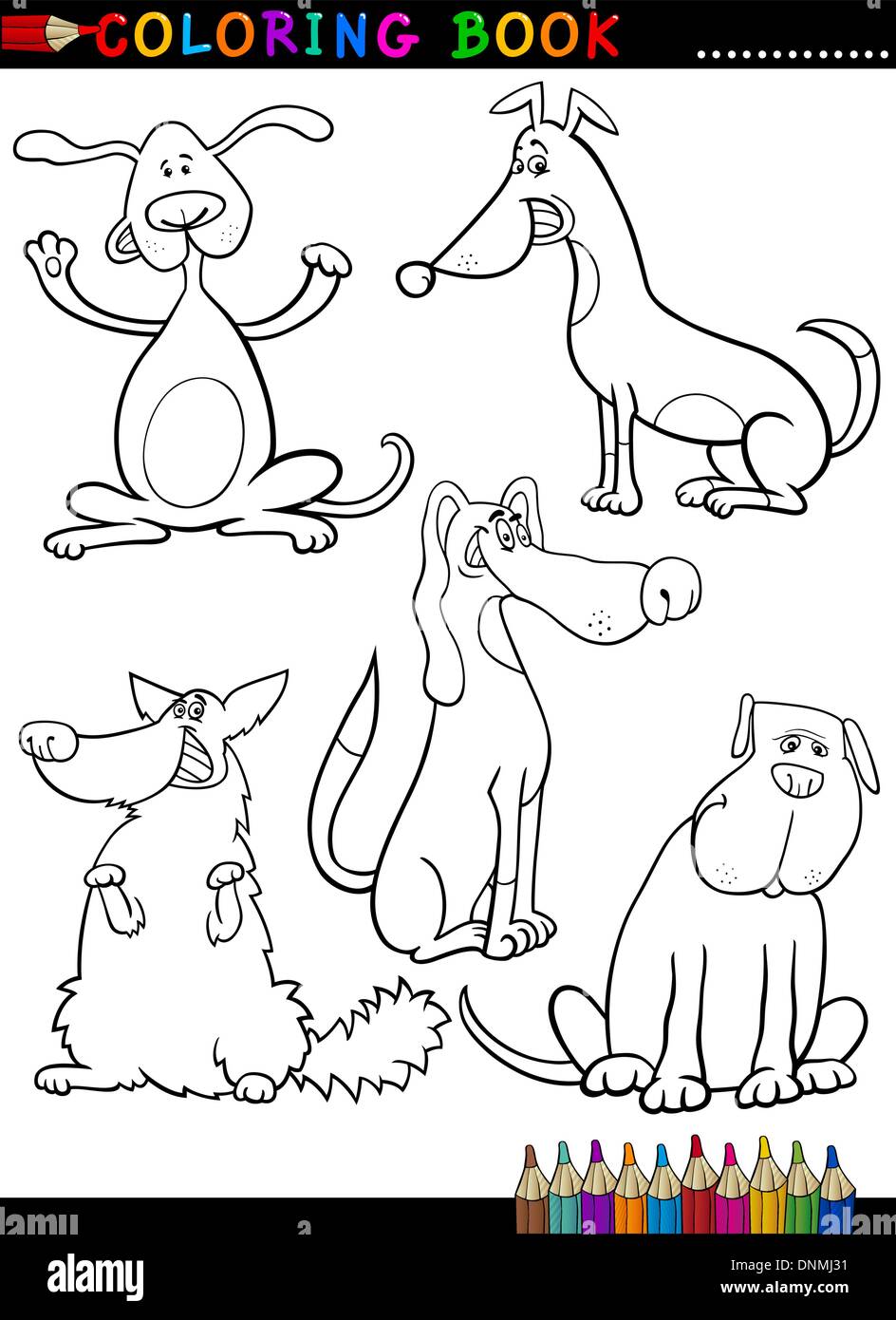 Coloring Book or Coloring Page Black and White Cartoon Illustration of Funny Purebred or Mongrel Dogs Stock Vector