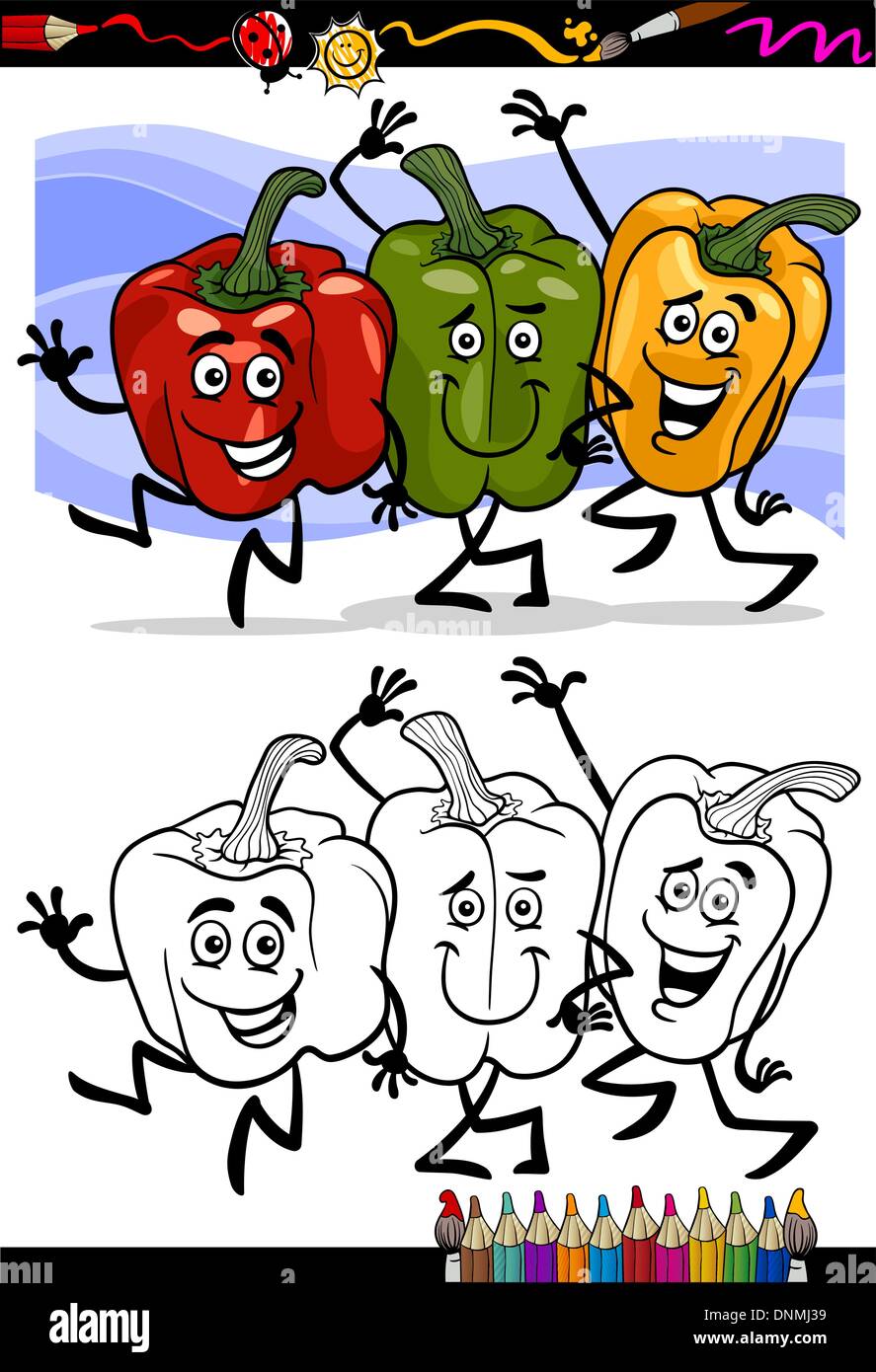 Coloring Book or Page Cartoon Illustration of Three Peppers Vegetables Red and Green and Yellow Funny Food Objects Group for Chi Stock Vector