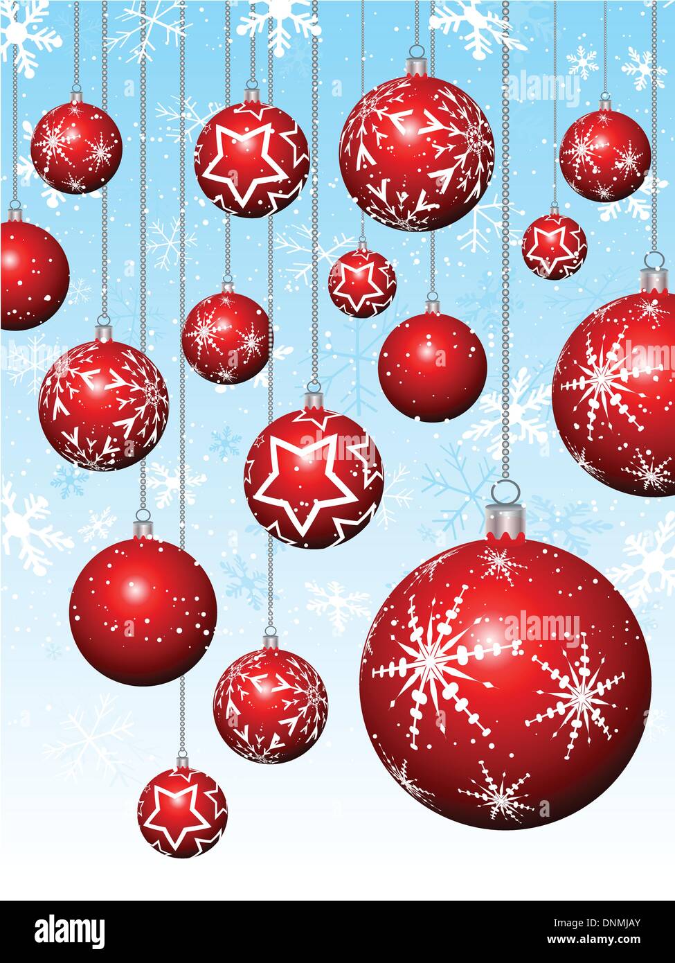 Hanging Christmas baubles on snowflake background Stock Vector Image ...