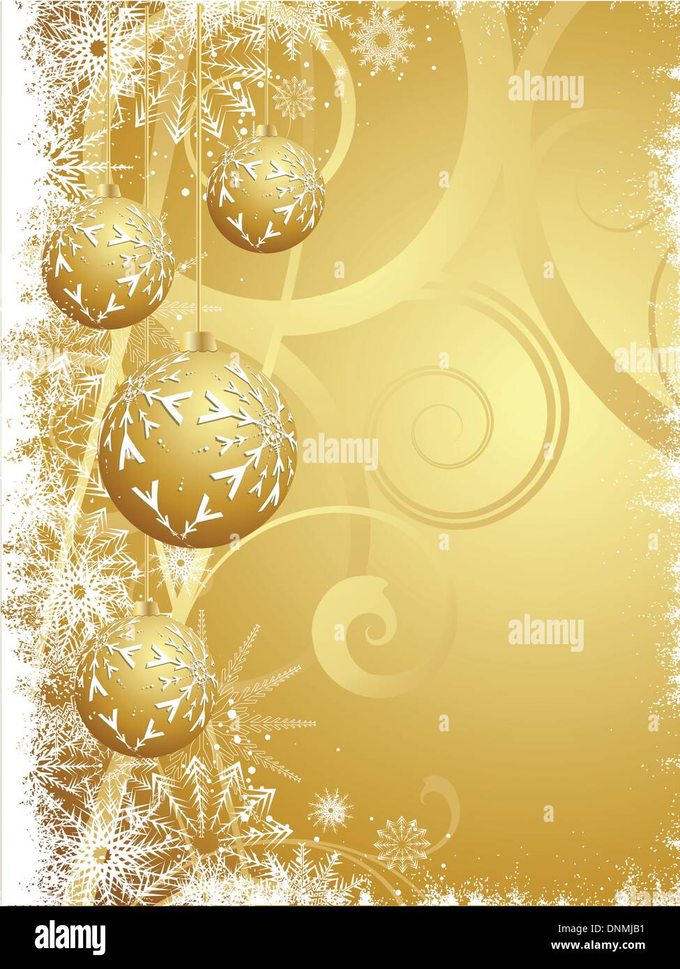 Hanging Christmas baubles on a golden snowflake background Stock Vector ...