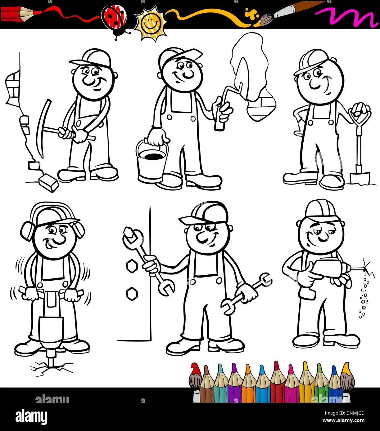 Coloring Book or Page Cartoon Illustration of Black and White Funny Manual Workers or Workmen at Work Characters Set for Childre Stock Vector