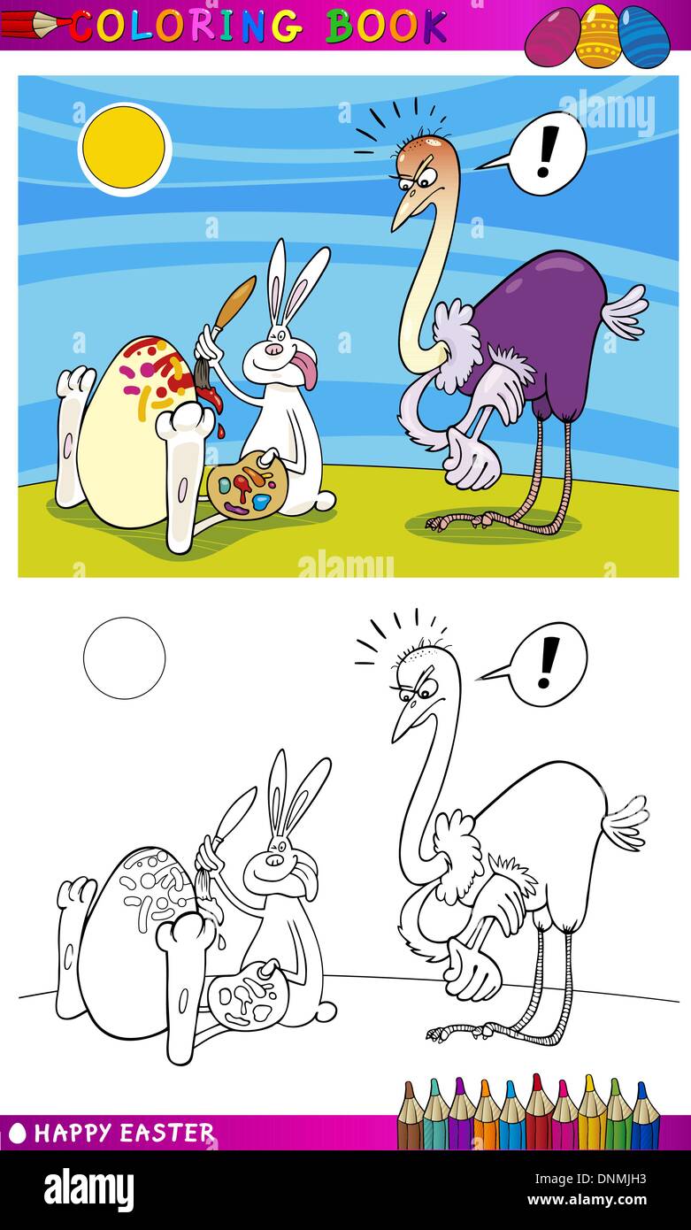 Coloring Book or Page Cartoon Illustration of Easter Bunny Painting on ...