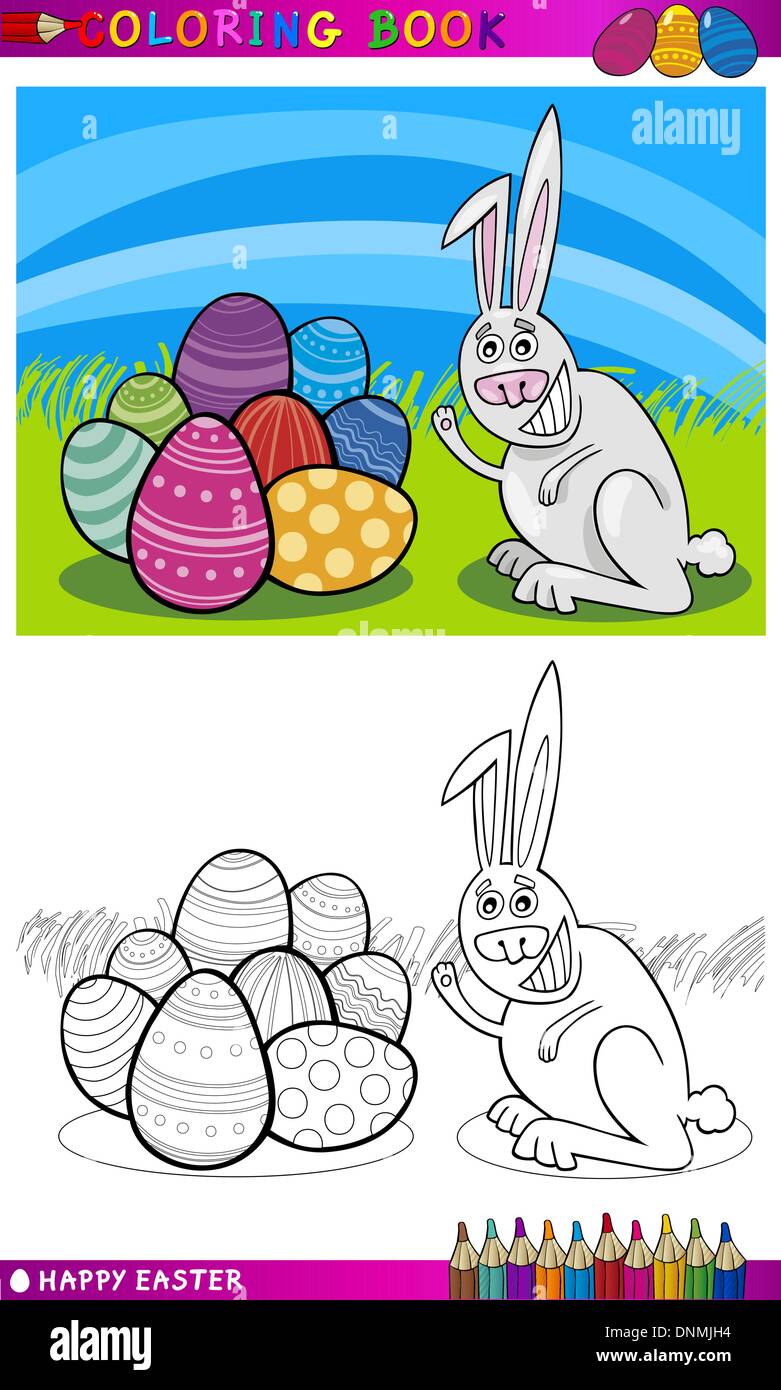 Coloring Book or Page Cartoon Illustration of Easter Bunny with Painted ...