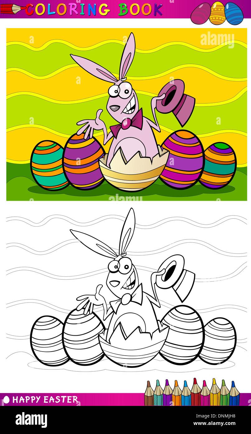 Coloring Book or Page Cartoon Illustration of Easter Bunny with Hat ...