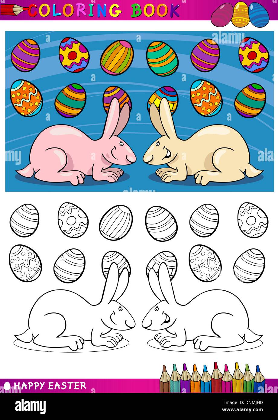 Coloring Book or Page Cartoon Illustration of Two Easter Bunnies with ...