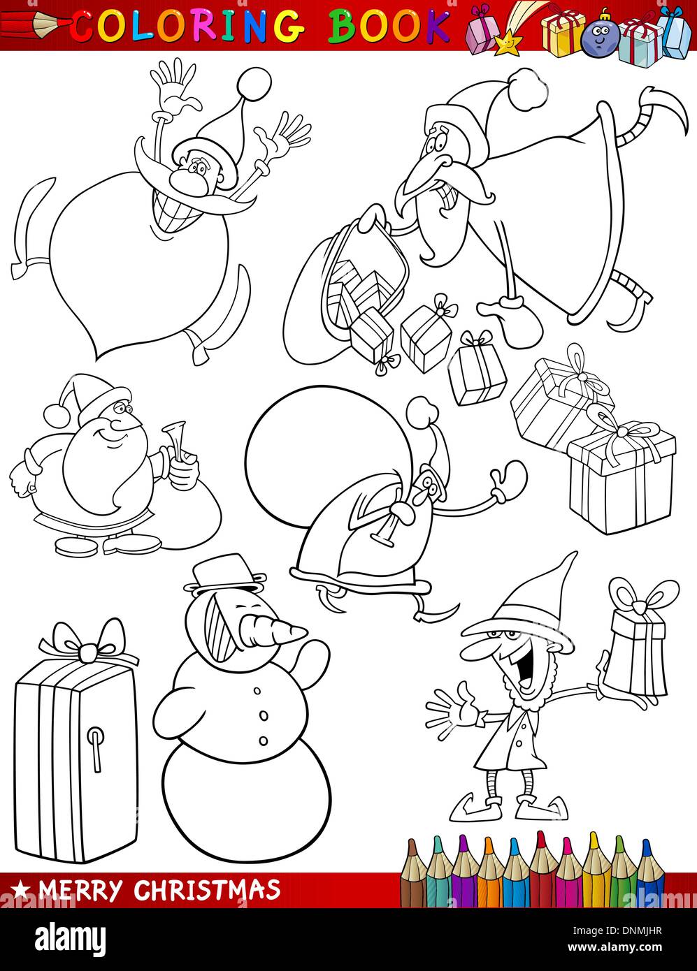 Download Coloring Book Or Page Cartoon Illustration Of Christmas Themes With Santa Claus Or Papa Noel And Xmas Decorations And Characters Stock Vector Image Art Alamy