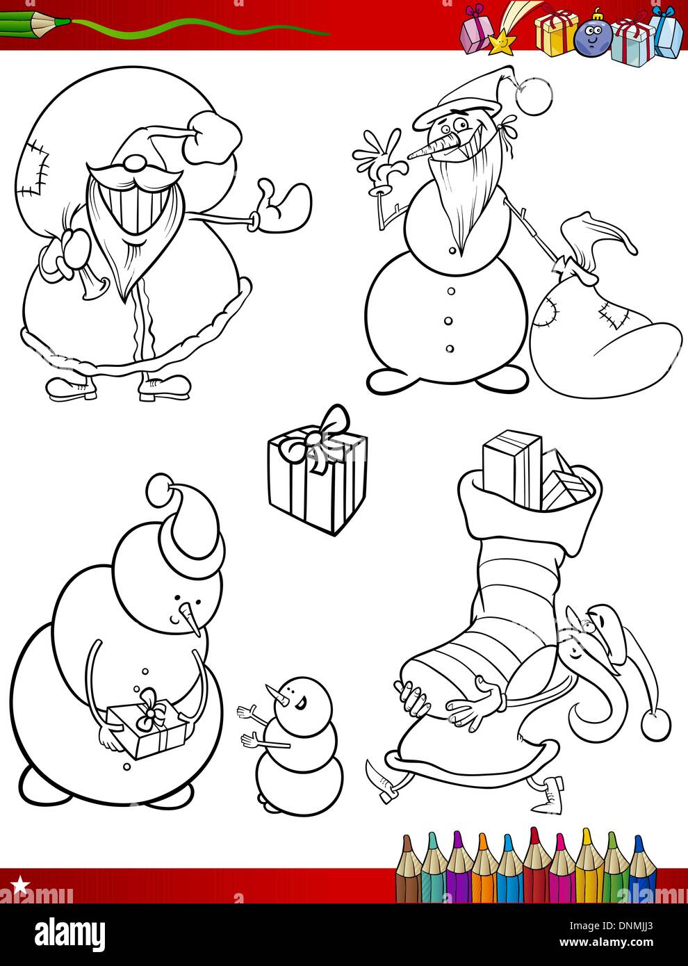 Coloring Book or Page Cartoon Illustration of Black and White Christmas Themes Set with Santa Claus or Papa Noel and Xmas Presen Stock Vector