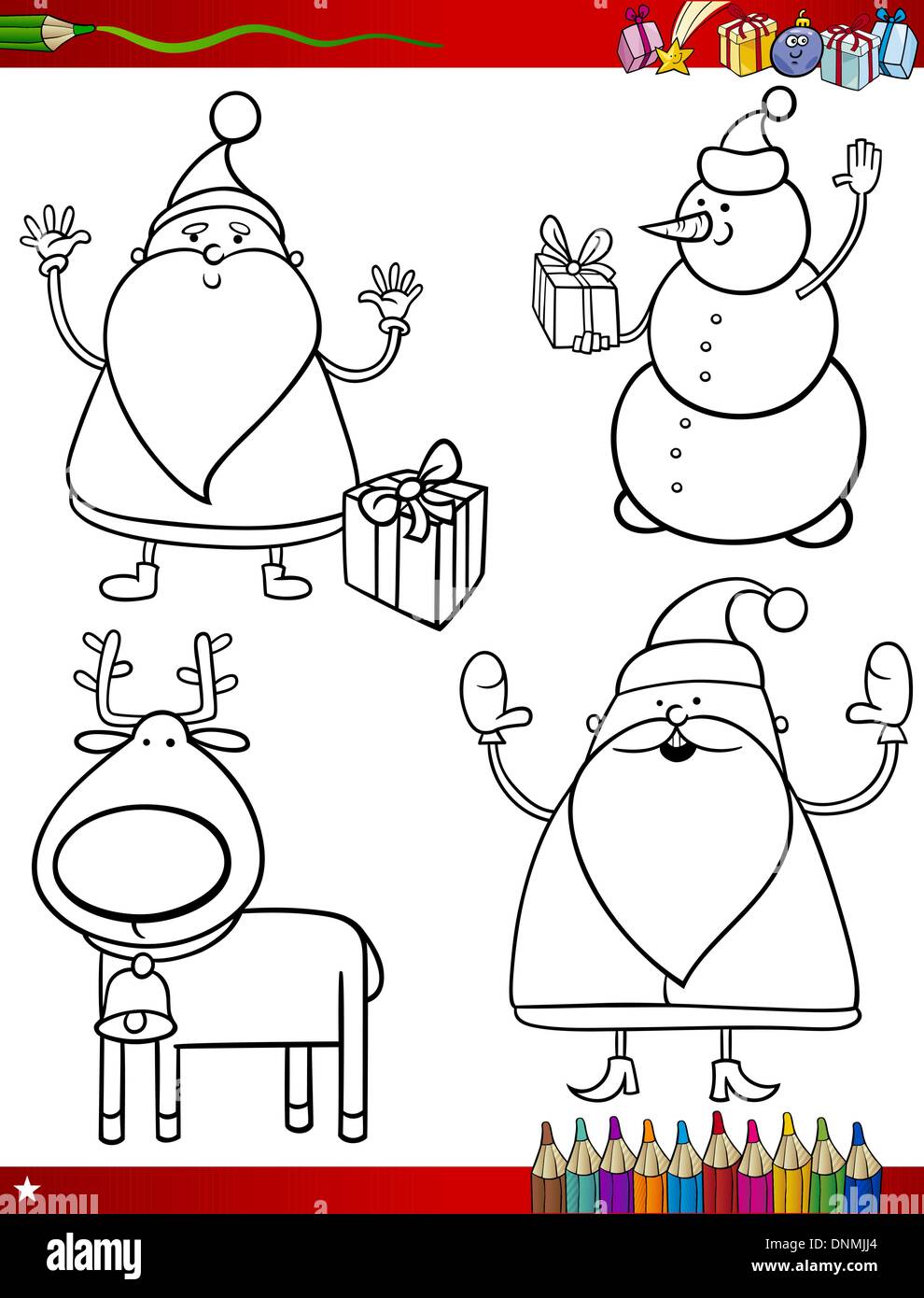 Coloring Book or Page Cartoon Illustration of Black and White Christmas Themes Set with Santa Claus or Papa Noel and Xmas Presen Stock Vector