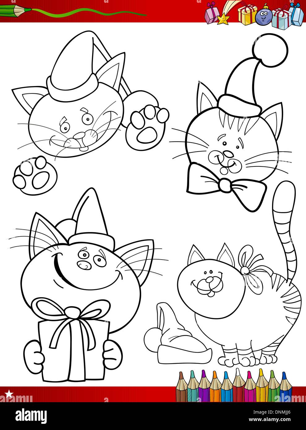 Coloring Book or Page Cartoon Illustration of Black and White Christmas Themes Set with Santa Claus Cats and Xmas Presents and D Stock Vector