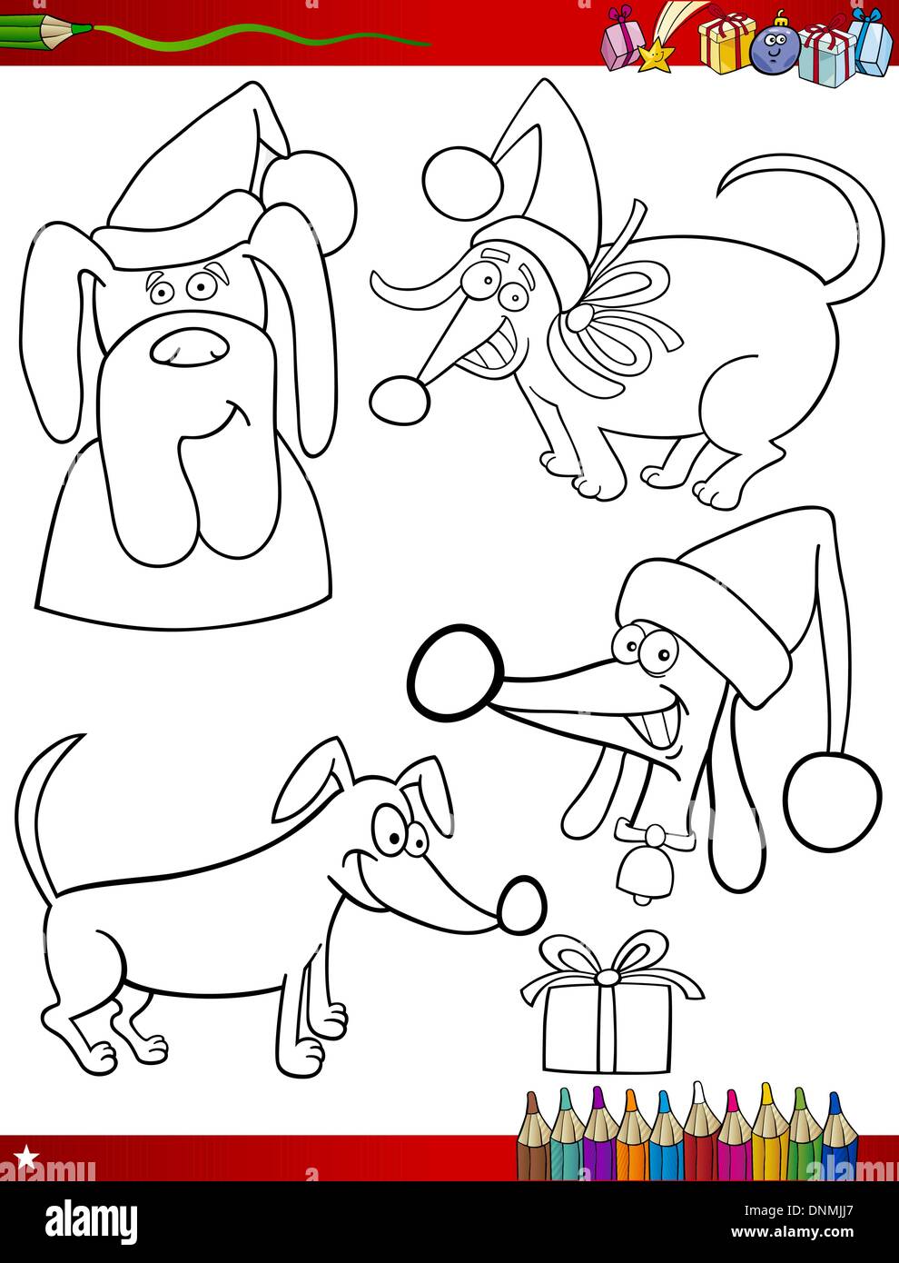 Coloring Book or Page Cartoon Illustration of Black and White Christmas Themes Set with Santa Claus Dogs and Xmas Presents and D Stock Vector