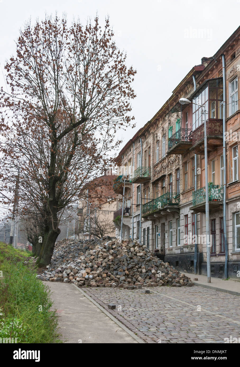 Major paving stone street repair in Lviv, Ukraine Stock Photo