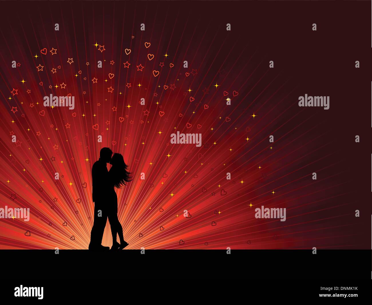 Silhouette of a kissing couple on a background of hearts and stars ...