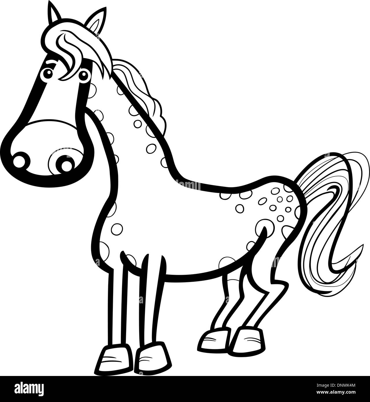 Black and White Cartoon Illustration of Cute Horse Farm Animal for