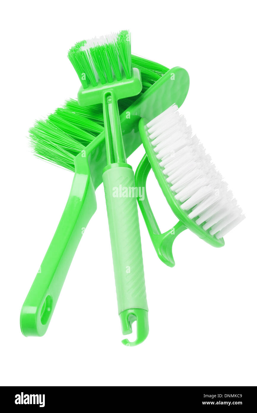 Household Cleaning Brushes On White background Stock Photo