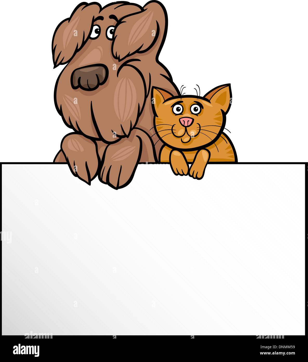 Cartoon Illustration of Cute Shaggy Dog and Cat with White Card or Board Greeting or Business Card Design Stock Vector
