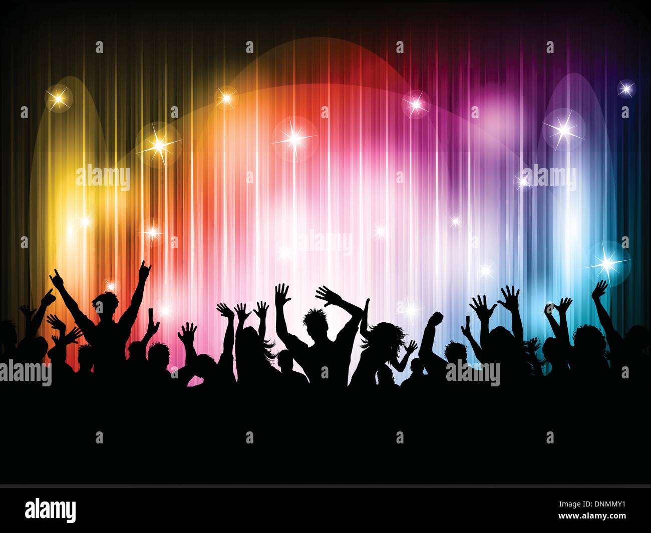 Silhouette of a party crowd on a colourful lights background Stock ...