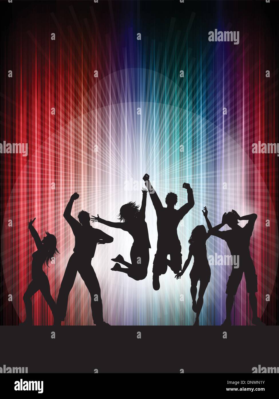 Silhouettes of people dancing on a colourful background Stock Vector