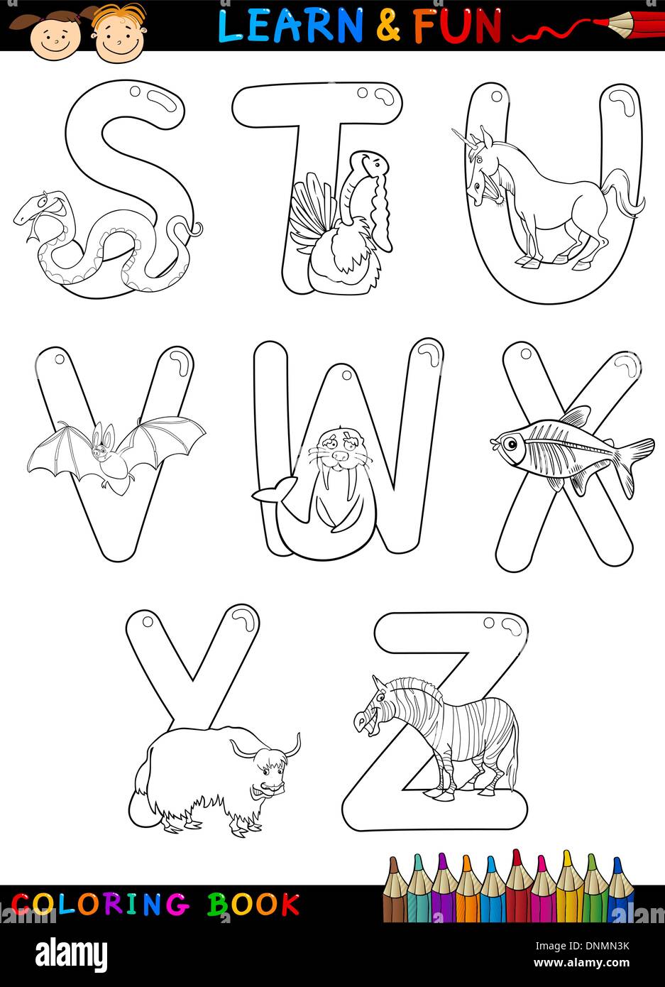 Cartoon Alphabet Coloring Book or Page Set with Funny Animals for Children Education and Fun Stock Vector