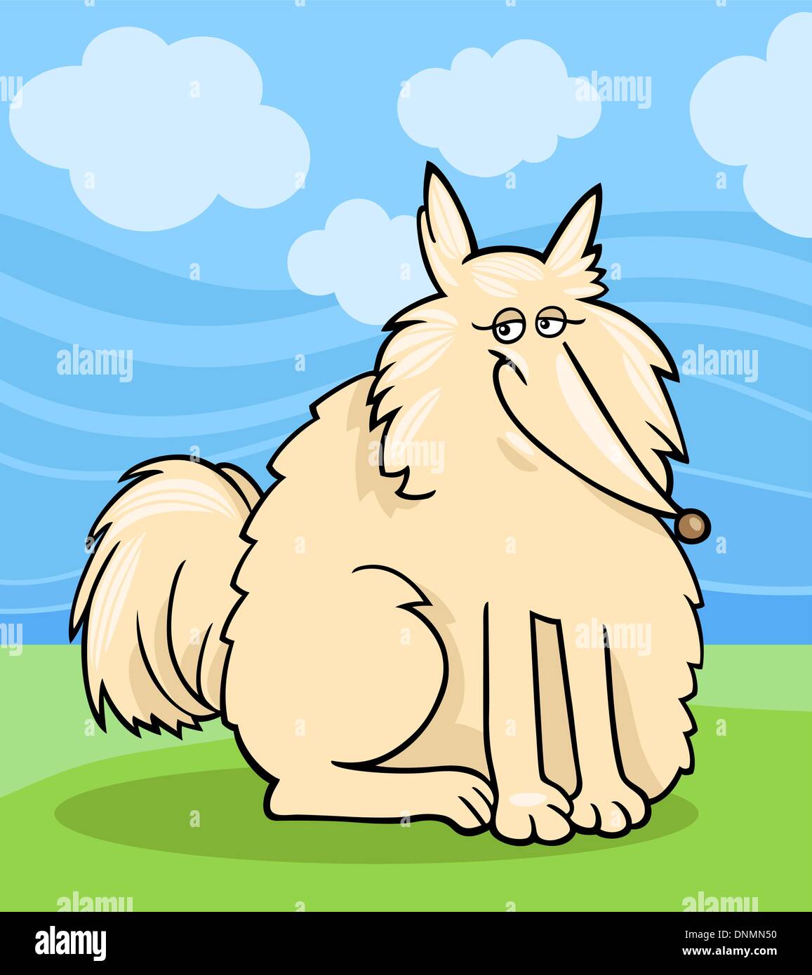 Cartoon Illustration of Funny Purebred Eskimo Dog or Spitz against Blue Sky and Green Grass Stock Vector