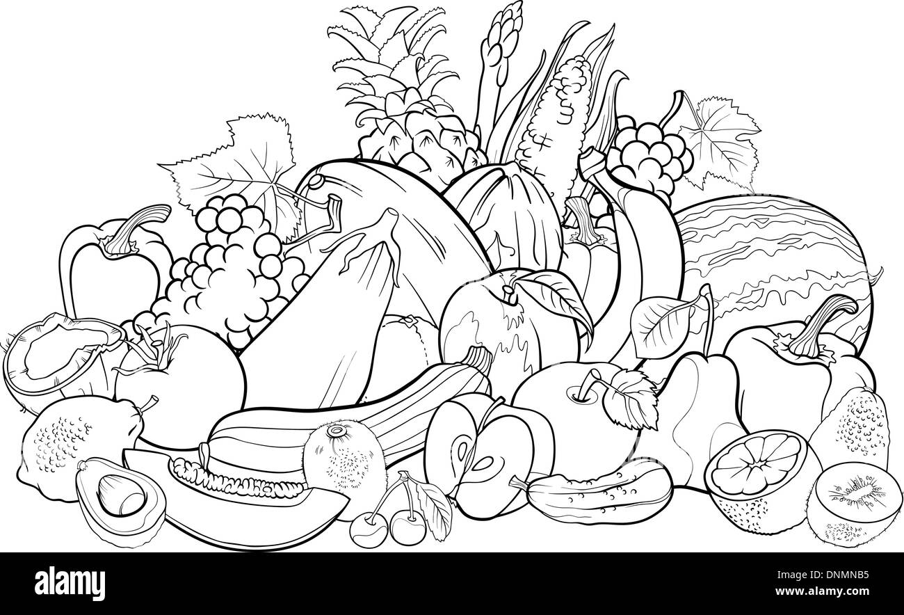 Black and White Cartoon Illustration of Fruits and Vegetables Big Group Food Design for Coloring Book Stock Vector