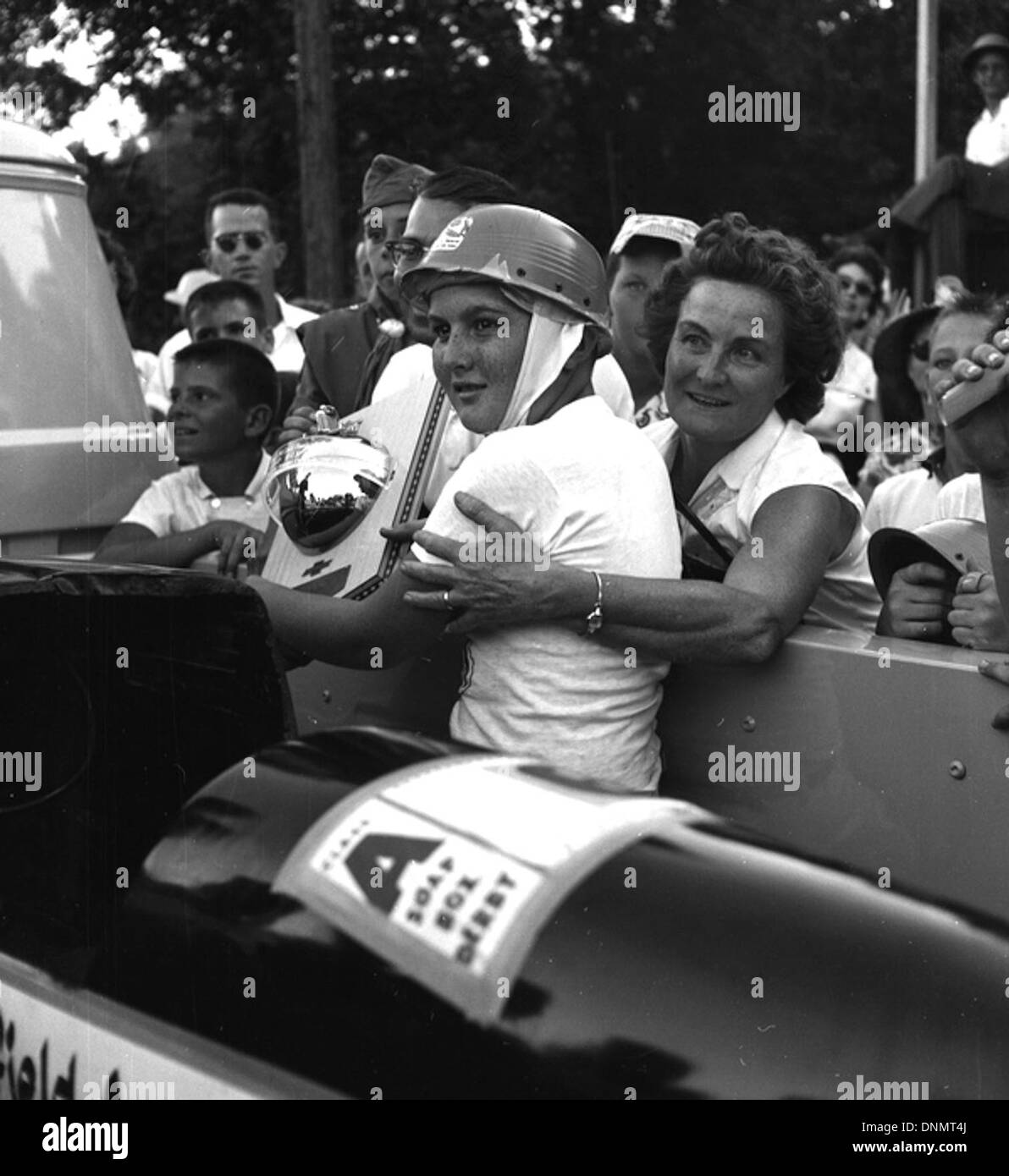 10th Annual Soap Box Derby champion Frank Sheffield holding his trophy in Tallahassee, Florida Stock Photo