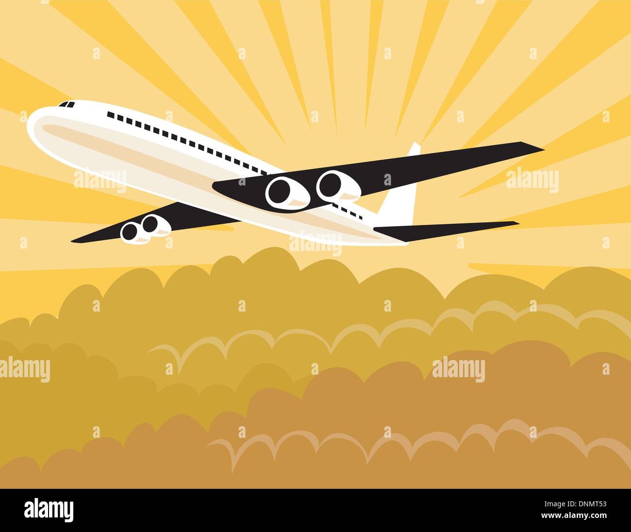 Illustration of a commercial jet plane airliner with sky on background. Stock Vector