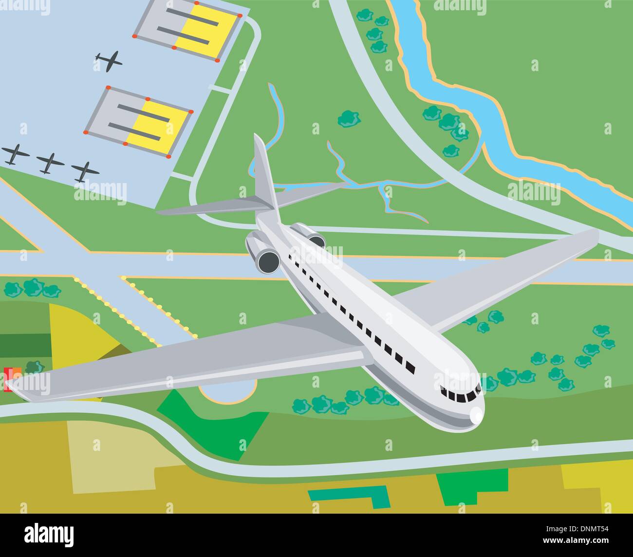 Illustration of a commercial jet plane airliner aerial view. Stock Vector