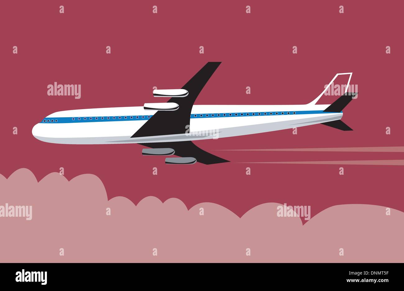 Illustration of a commercial jet plane airliner with clouds in background. Stock Vector