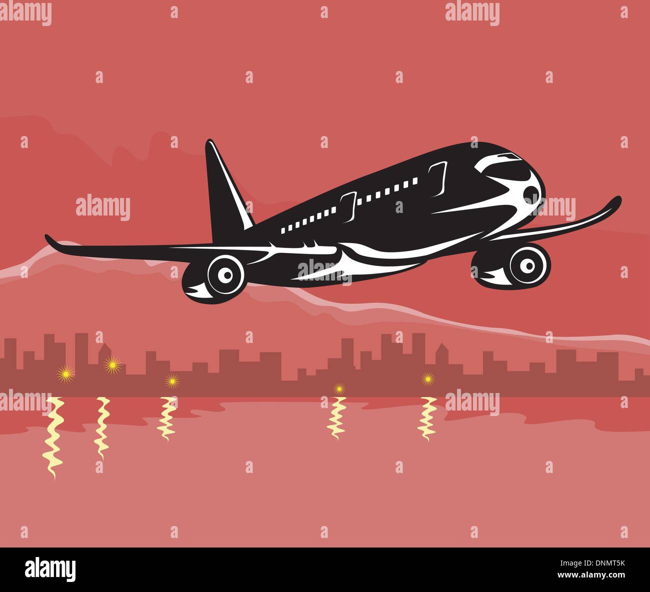 Illustration of a commercial jet plane airliner with city and mountains in background. Stock Vector