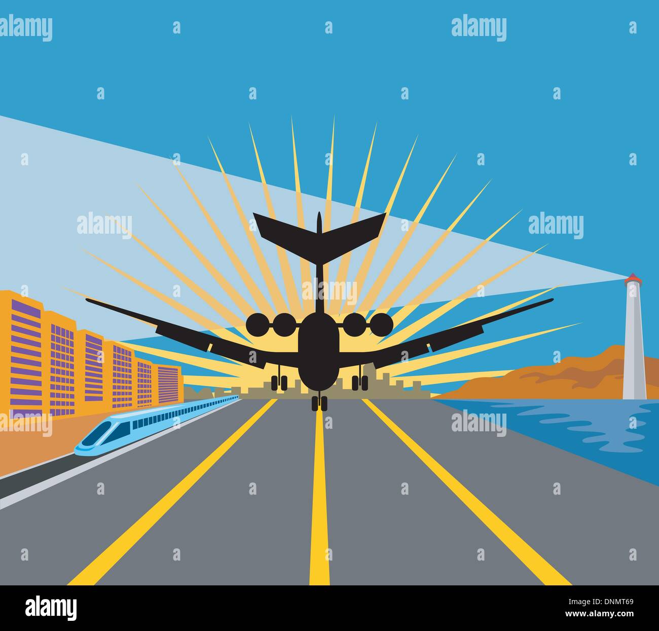 illustration of a commercial jet plane airliner taking off on runway airport with train and lighthouse isolated background Stock Vector