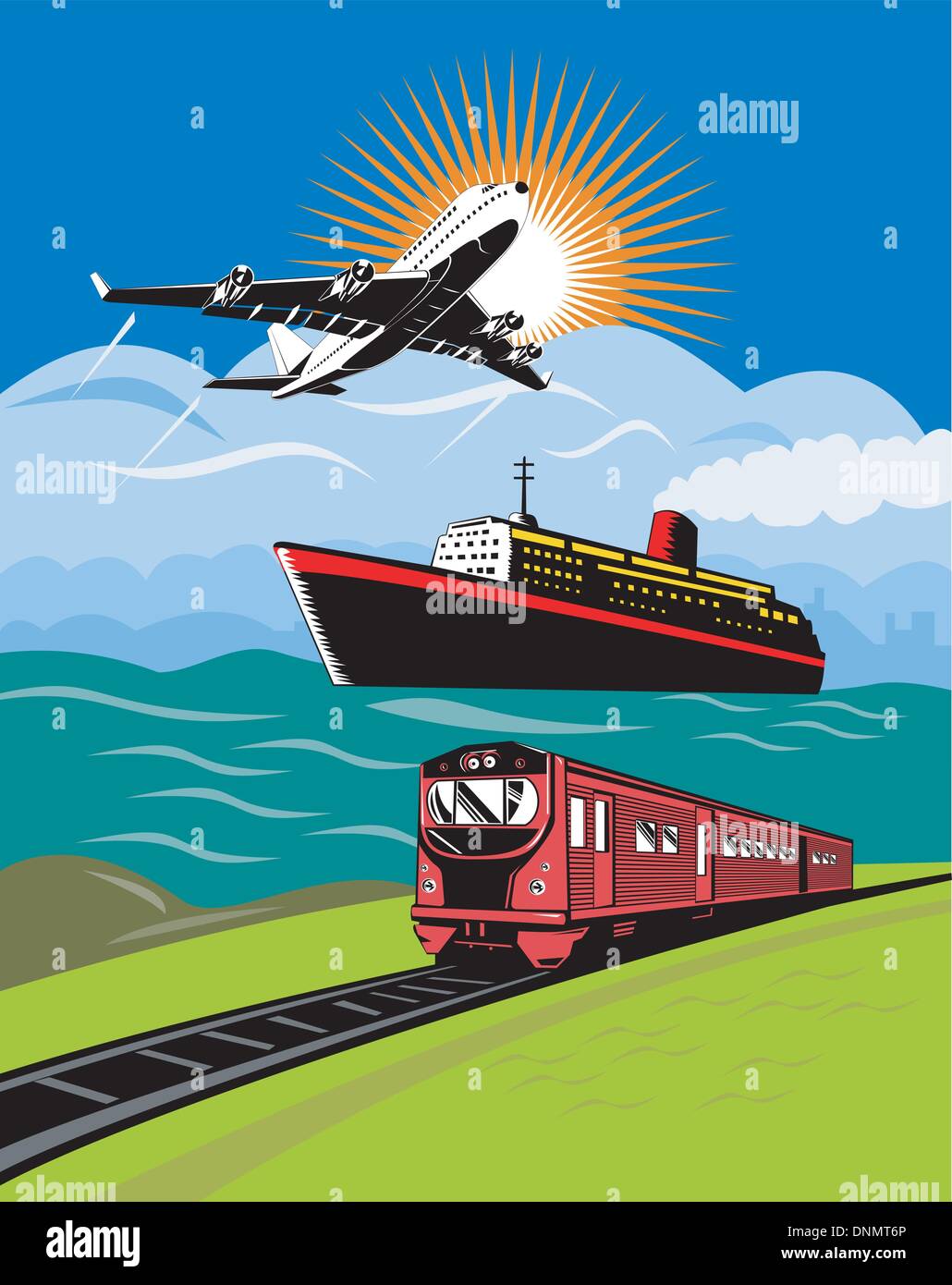 illustration of a commercial jet plane airliner on flight flying taking off with ship and train Stock Vector