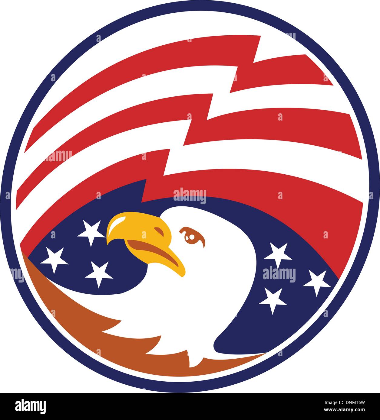 Illustration of an American bald eagle head looking to side with stars and stripes flag set inside circle. Stock Vector