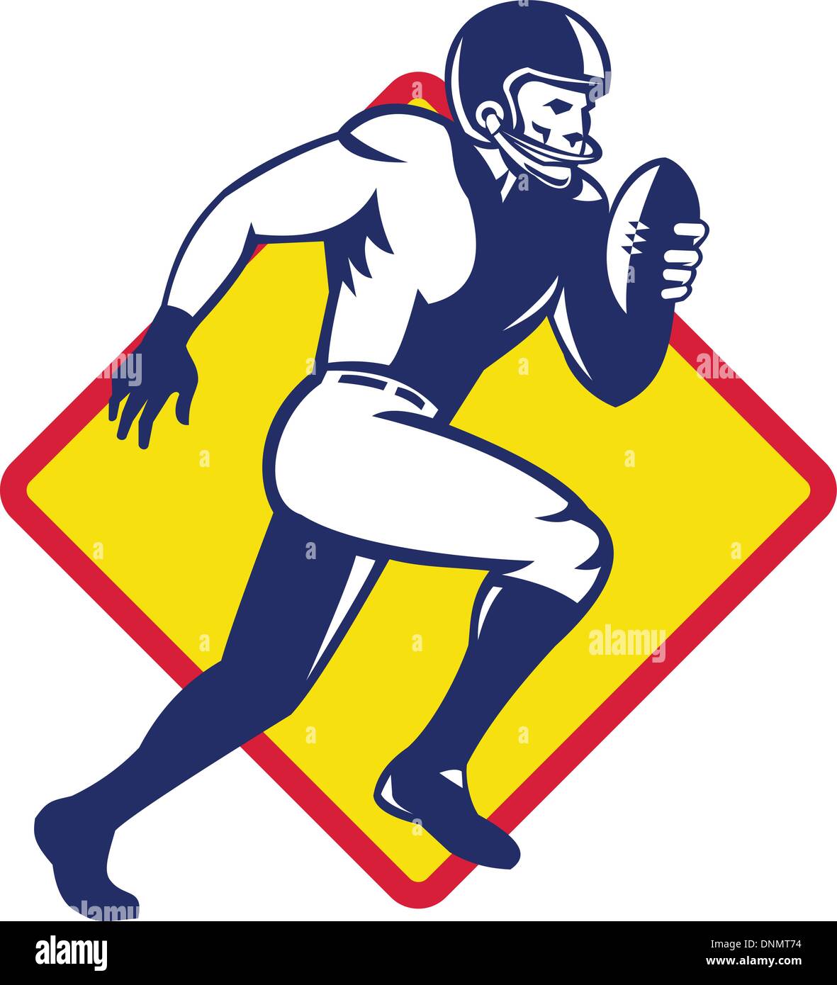 Illustration of an american quarterback football player running with ball set inside diamond