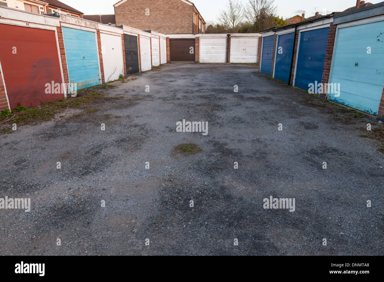 Lock up garages on a housing estate, Nottinghamshire, England, UK Stock Photo