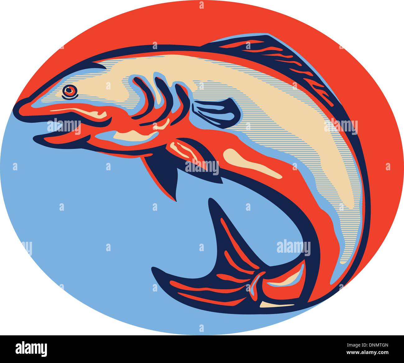 Illustration of an Atlantic salmon fish jumping done in retro style Stock Vector