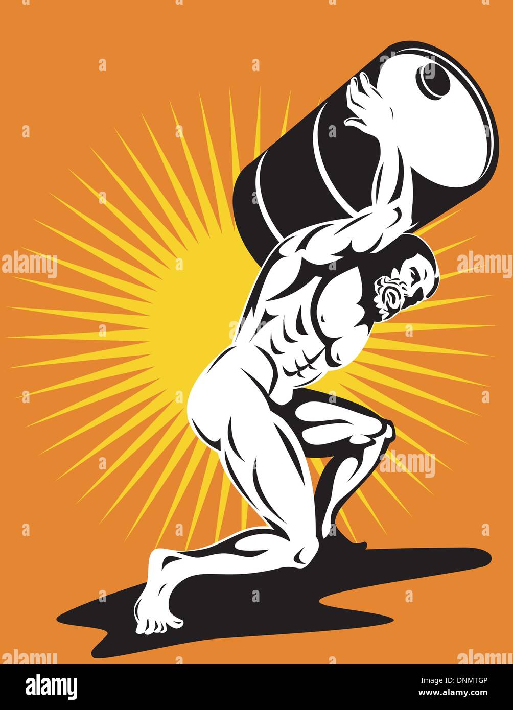 Illustration of Atlas man carrying barrel drum of oil done in retro style. Stock Vector