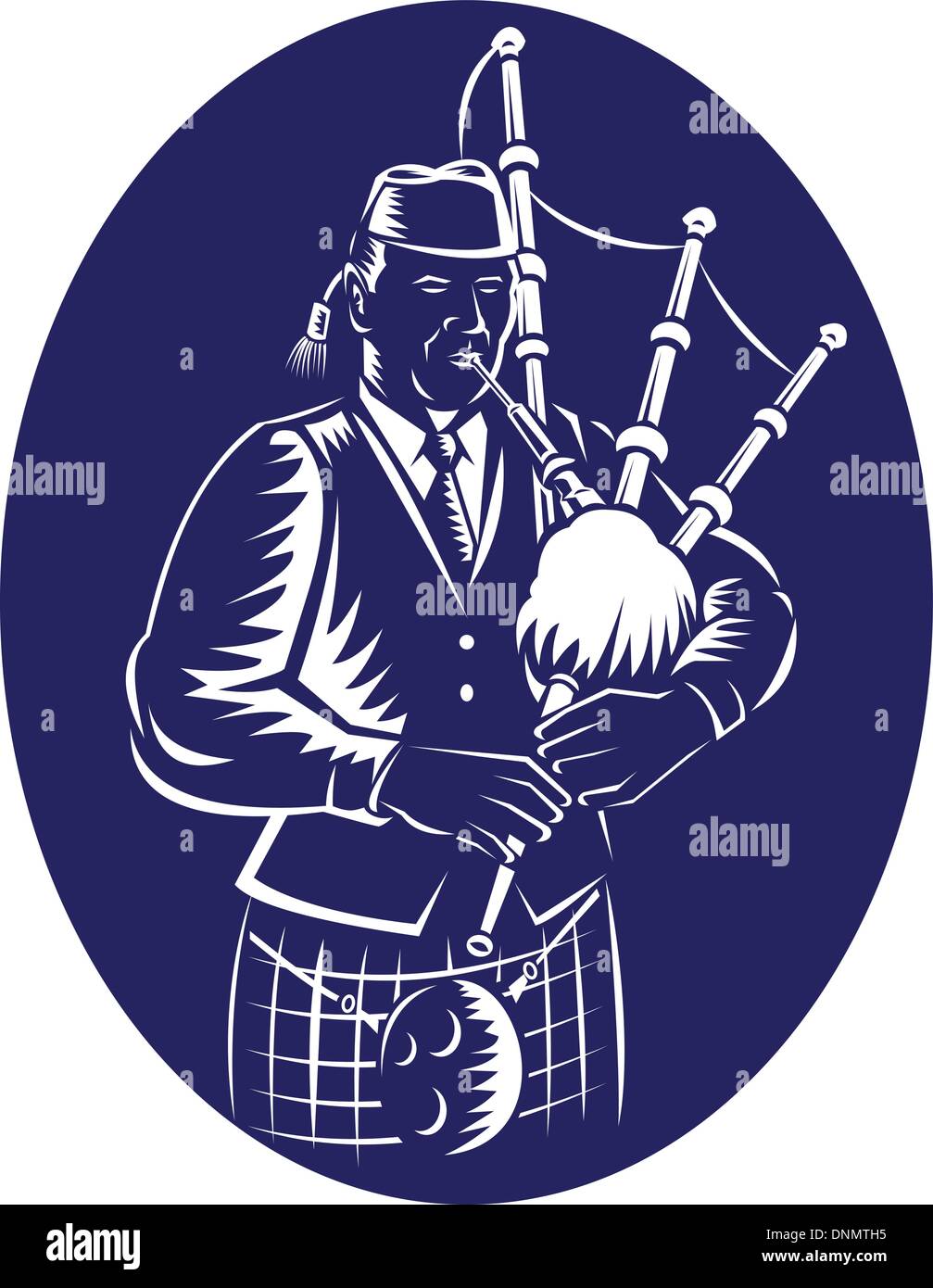 Illustration of a bagpiper playing Scottish Highlands Bagpipes done in