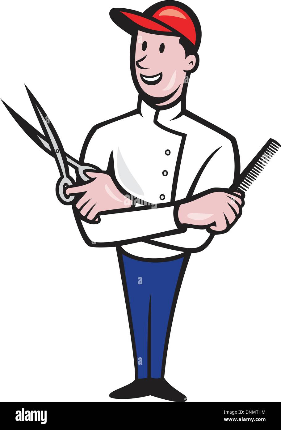 Illustration of a barber with arms crossed holding a pair of scissors comb on isolated white