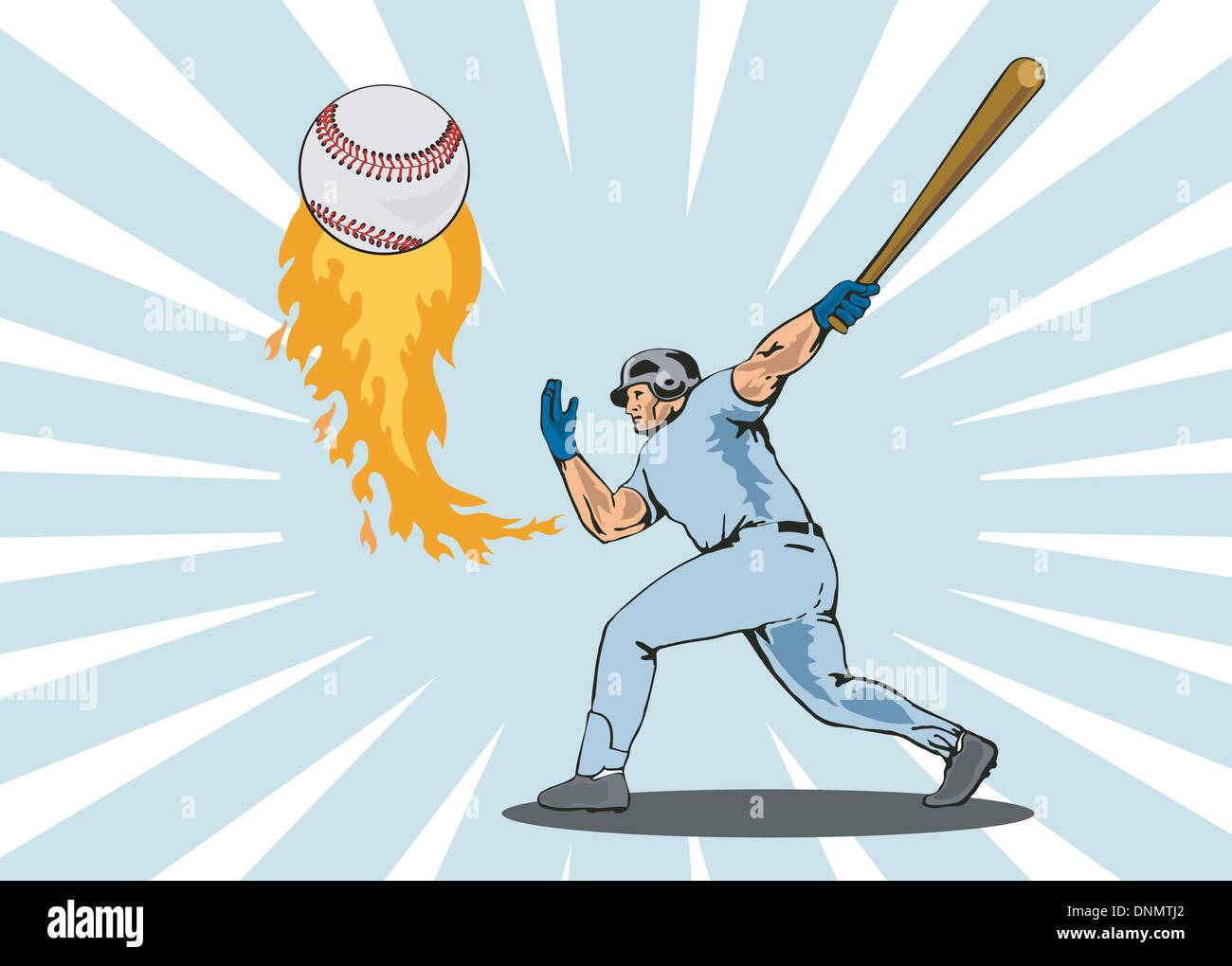 Illustration of a baseball player batter hitting a ball on fire done in retro style. Stock Vector
