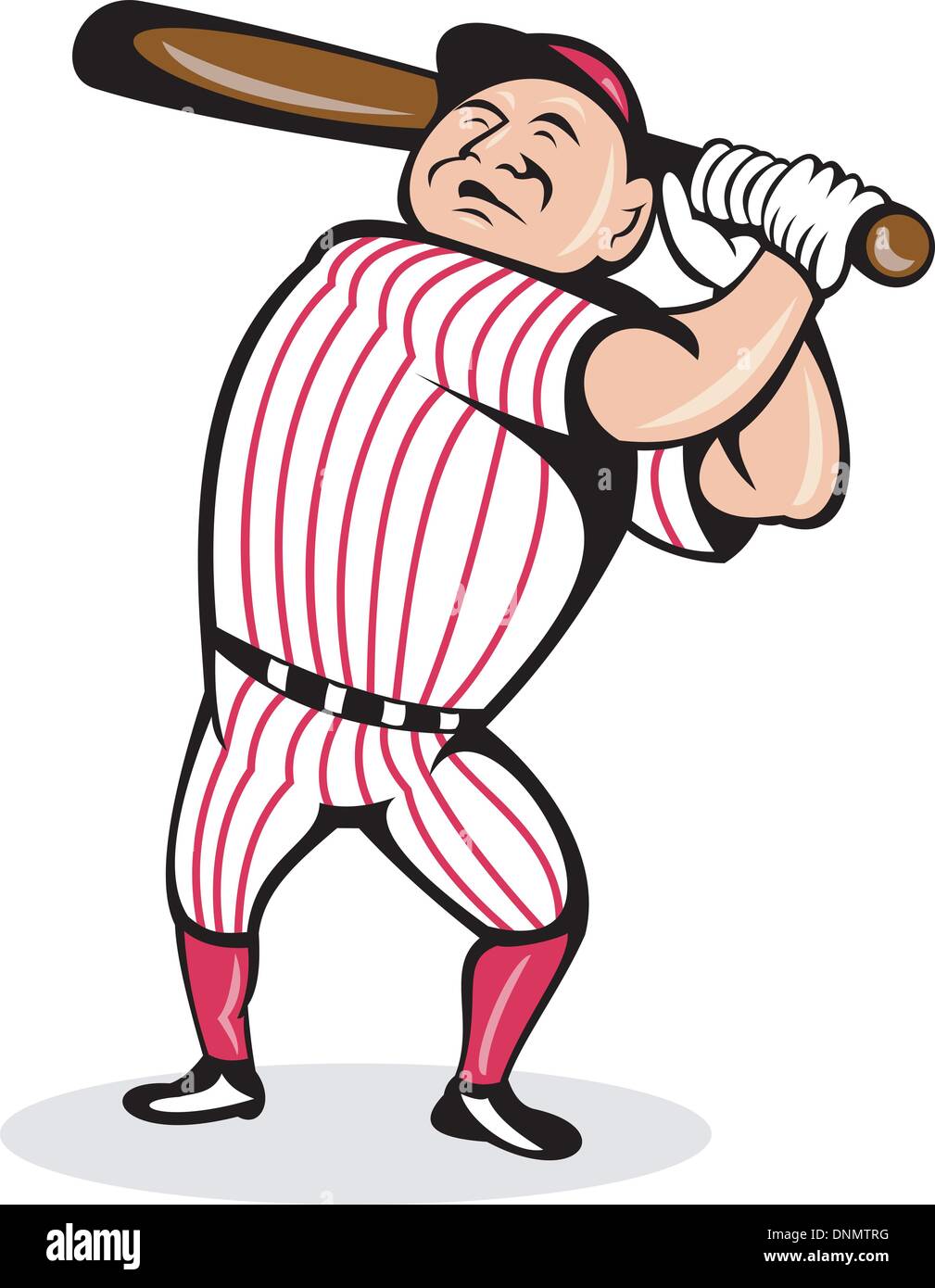 illustration of a cartoon baseball player swinging a bat Stock