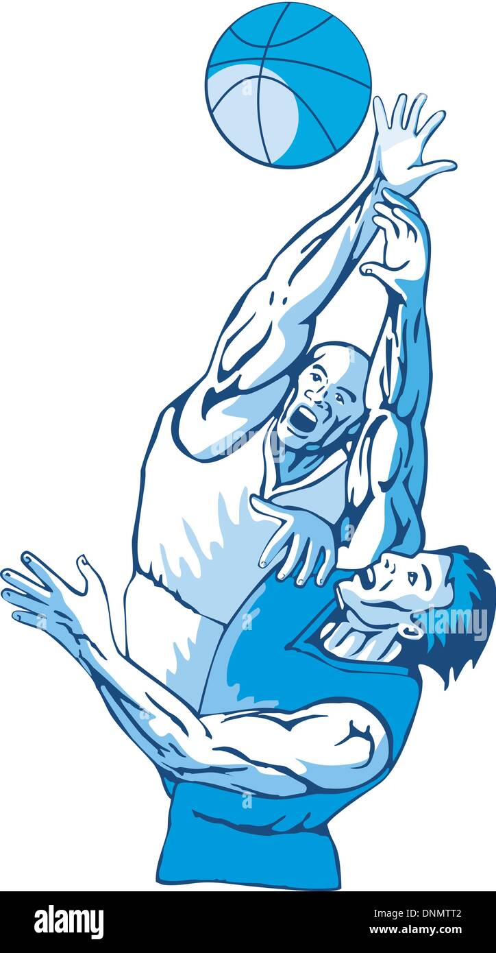 Illustration of basketball players rebounding for ball in retro style