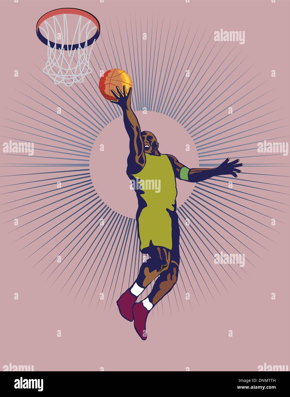 Illustration of a green basketball player dunking ball. Stock Vector
