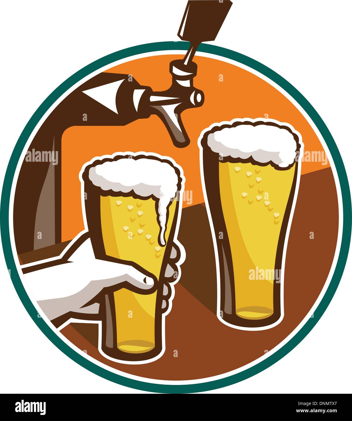 Illustration of two glass full pint of beer with hand holding and tap ...