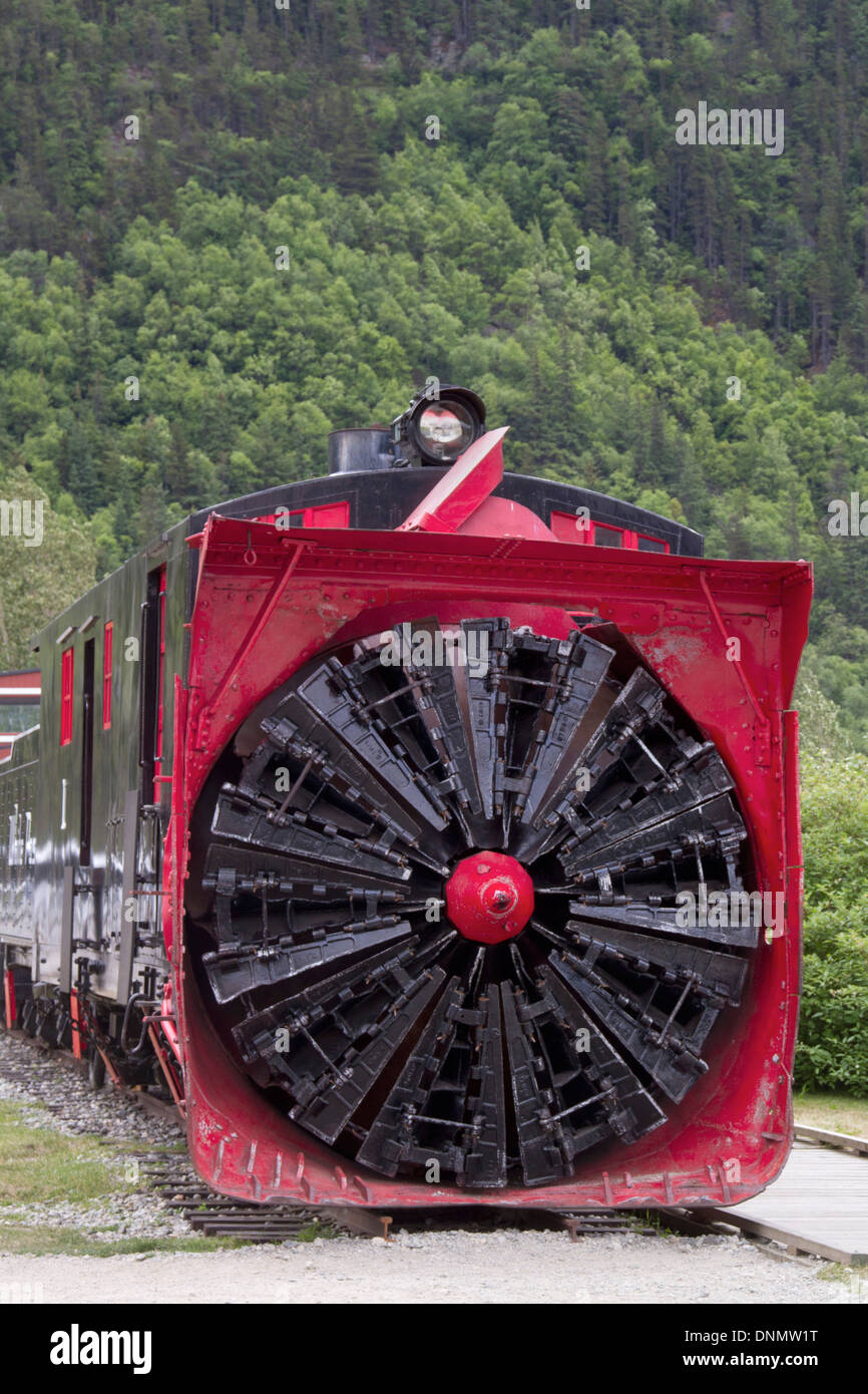Snow Plow used to clear snow from the tracks of the White Pass and Yukon Railroad, front view