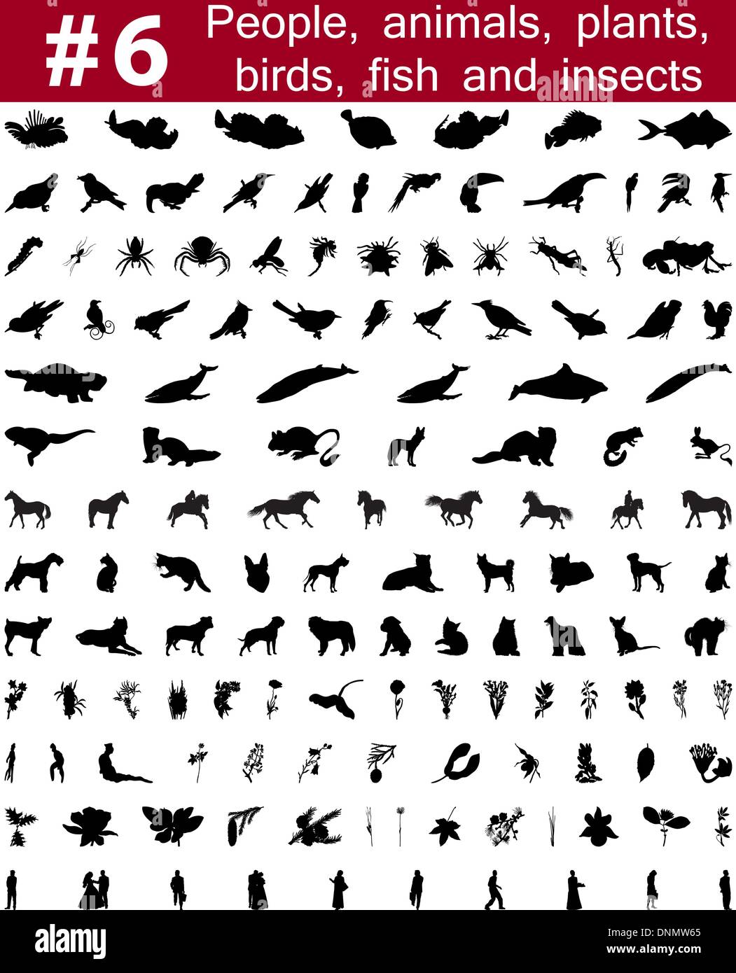 Set # 6. Big collection of collage vector silhouettes of people, animals, birds, fish, flowers and insects Stock Vector