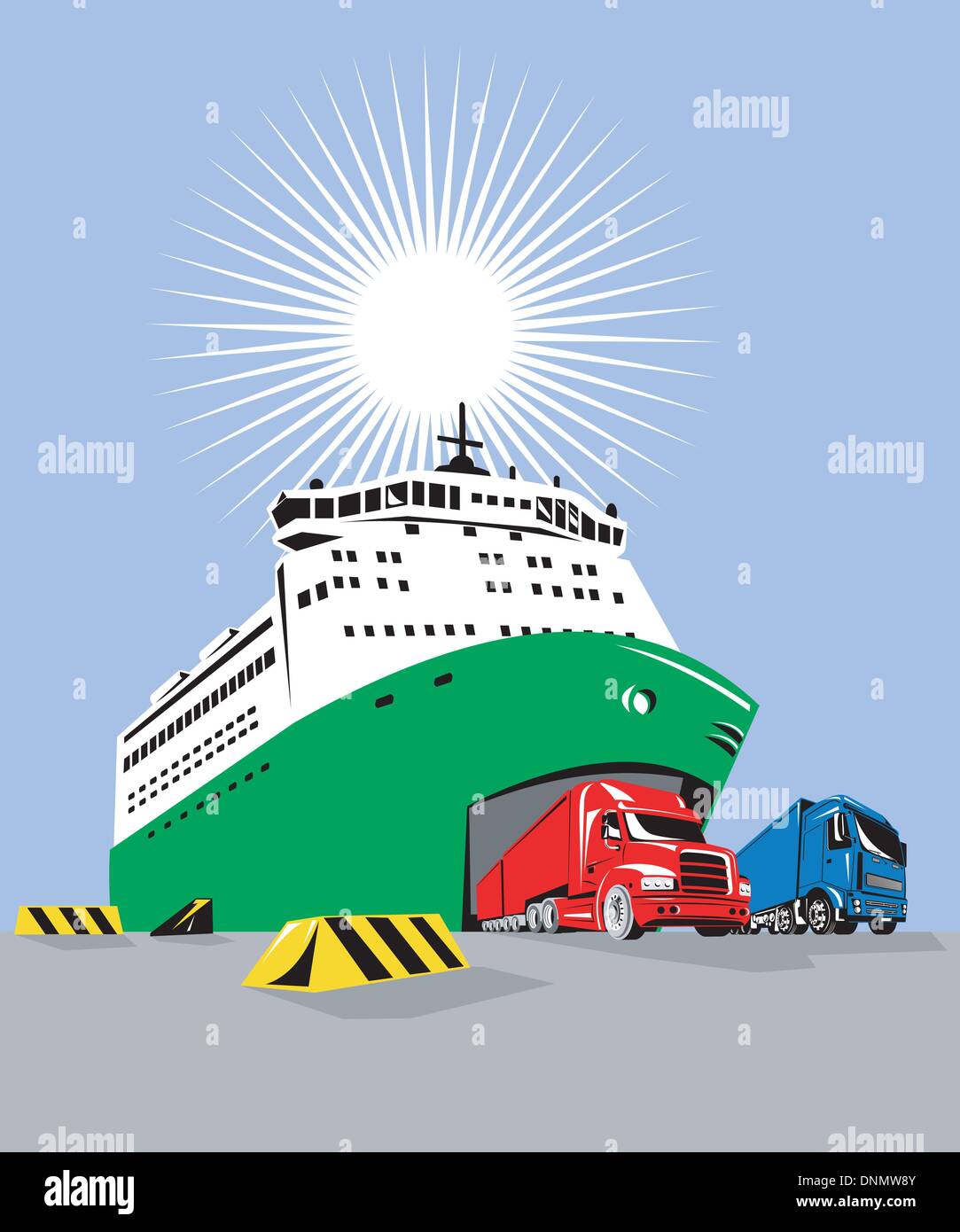 illustration of a roll-on roll-off ferry boat passenger cargo ship with container van trucks done in retro style Stock Vector