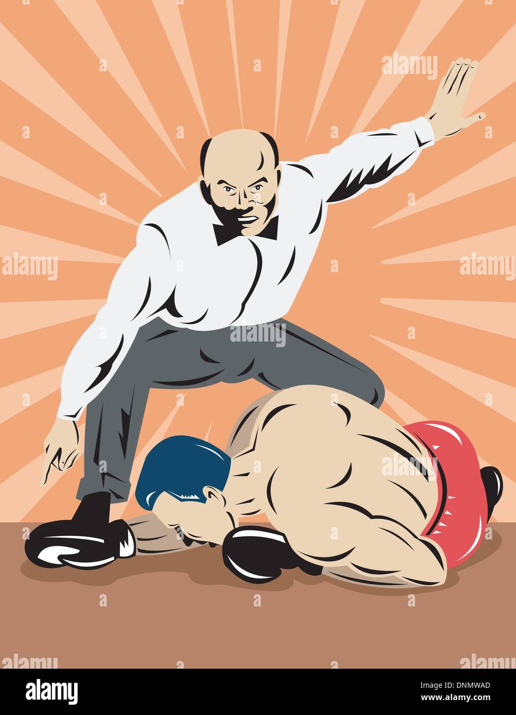 illustration of a referee counting down a boxer on floor done in retro style Stock Vector