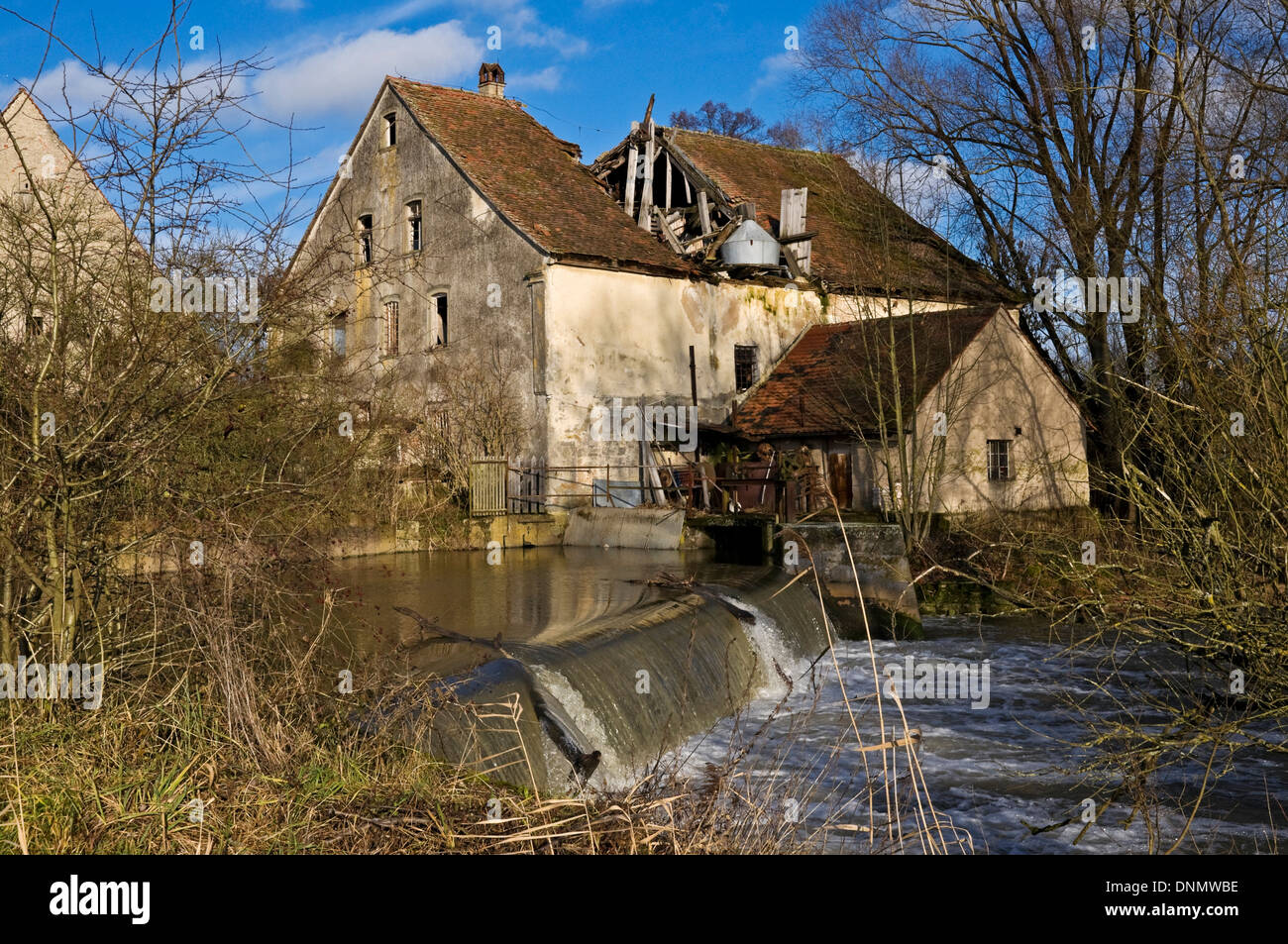 Derelict watermill on River Aisch, Höchstadt, Bavaria, Germany Stock Photo