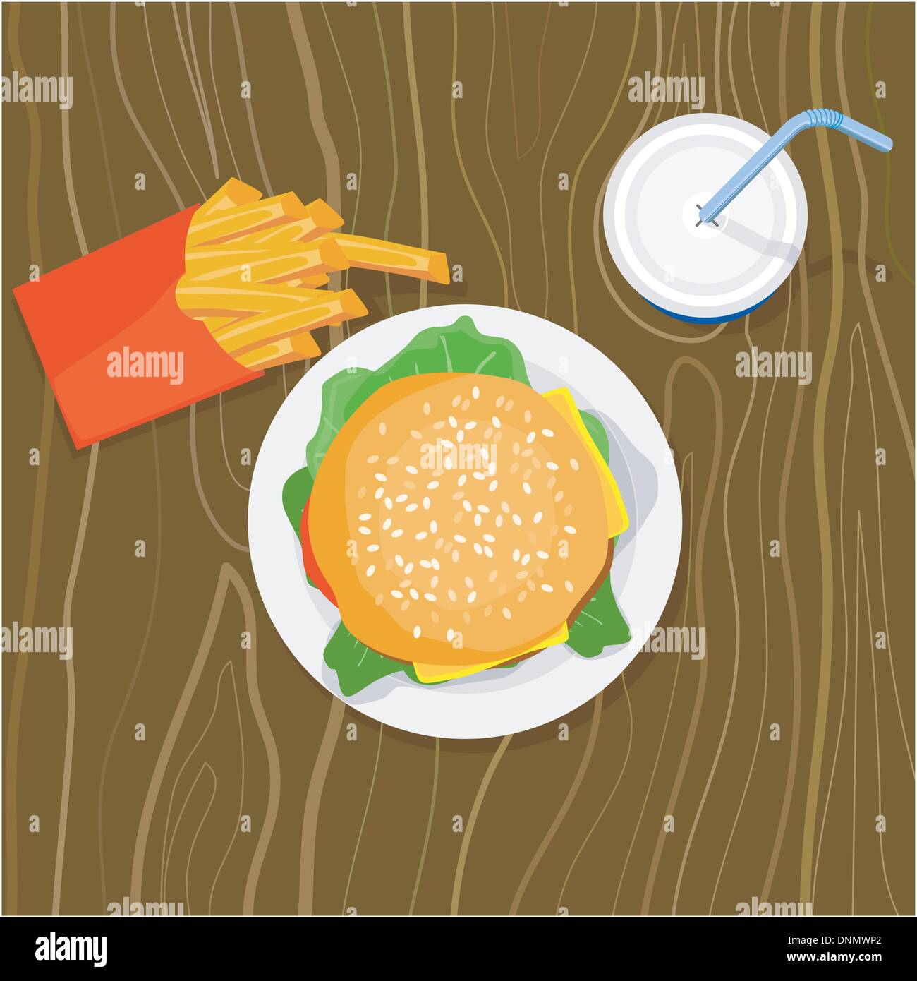 Illustration of burger, fries, and a drink in birds-eye view done in retro style. Stock Vector
